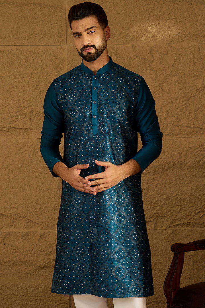 Blue Silk Blend Solid Embroidered Straight Kurta  | SHOBITAM