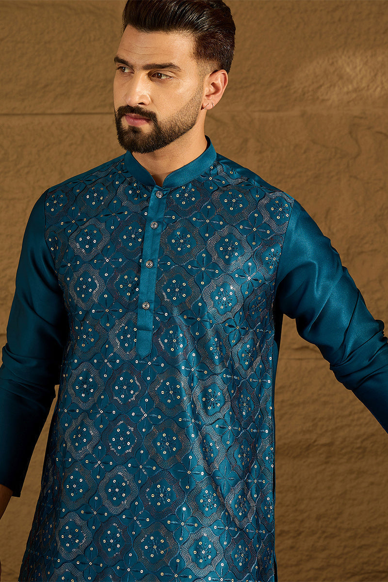 Blue Silk Blend Solid Embroidered Straight Kurta  | SHOBITAM
