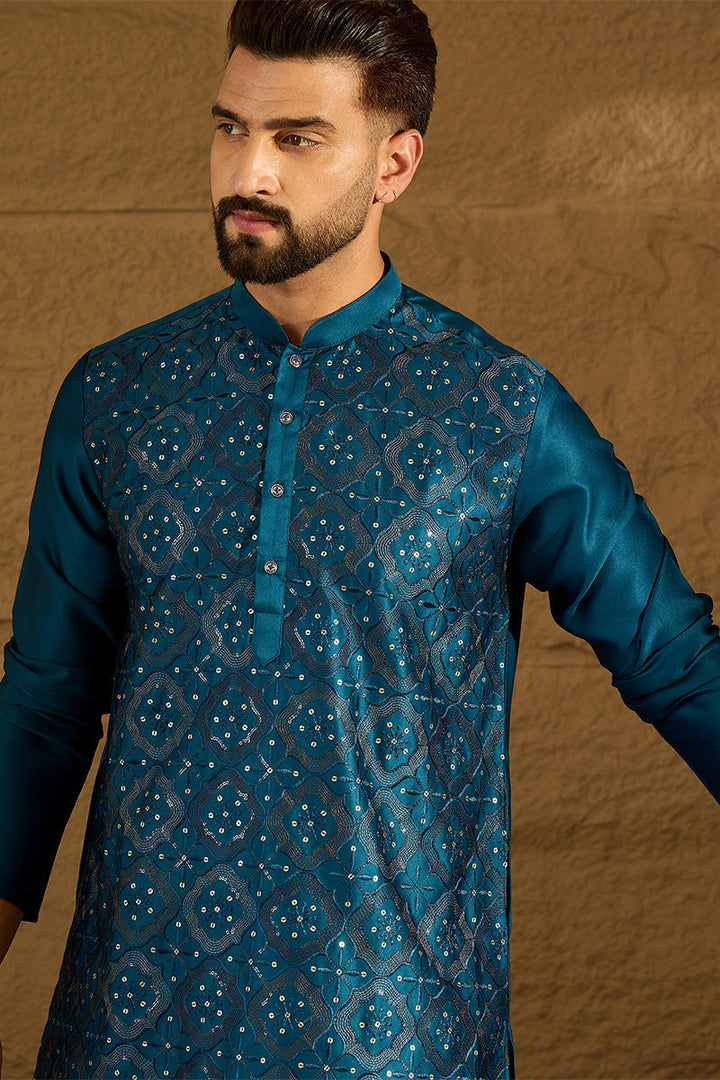 Blue Silk Blend Solid Embroidered Straight Kurta with Trouser | SHOBITAM