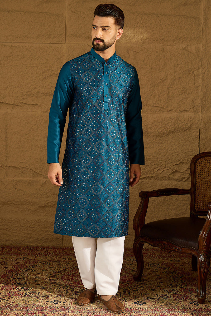 Blue Silk Blend Solid Embroidered Straight Kurta  | SHOBITAM
