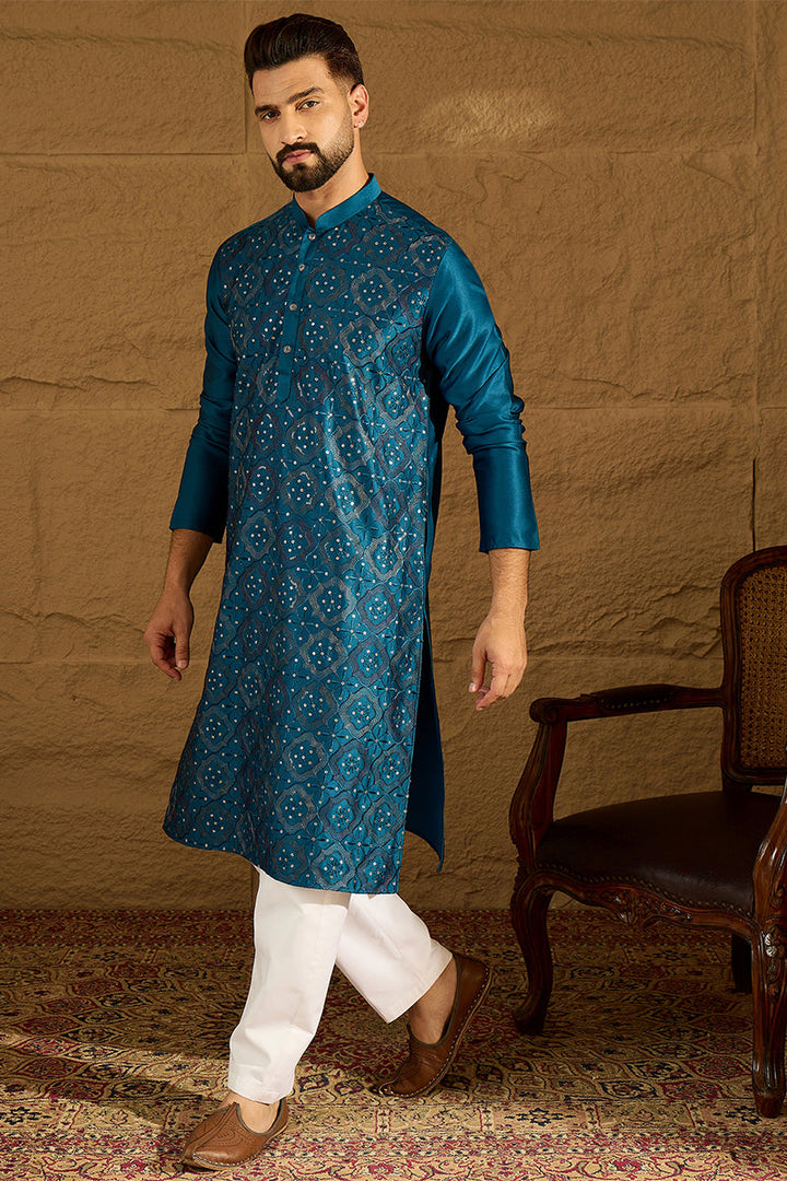 Blue Silk Blend Solid Embroidered Straight Kurta  | SHOBITAM