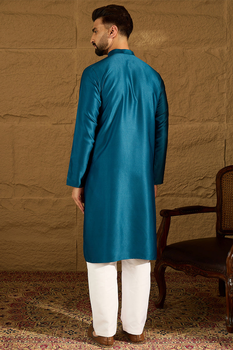 Blue Silk Blend Solid Embroidered Straight Kurta with Trouser | SHOBITAM