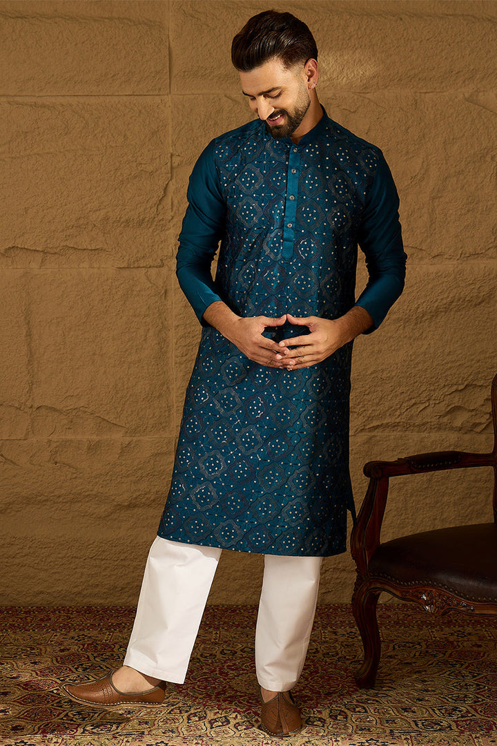 Blue Silk Blend Solid Embroidered Straight Kurta  | SHOBITAM
