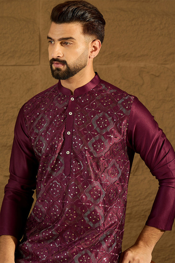 Purple Silk Blend Solid Embroidered Straight Kurta  | SHOBITAM