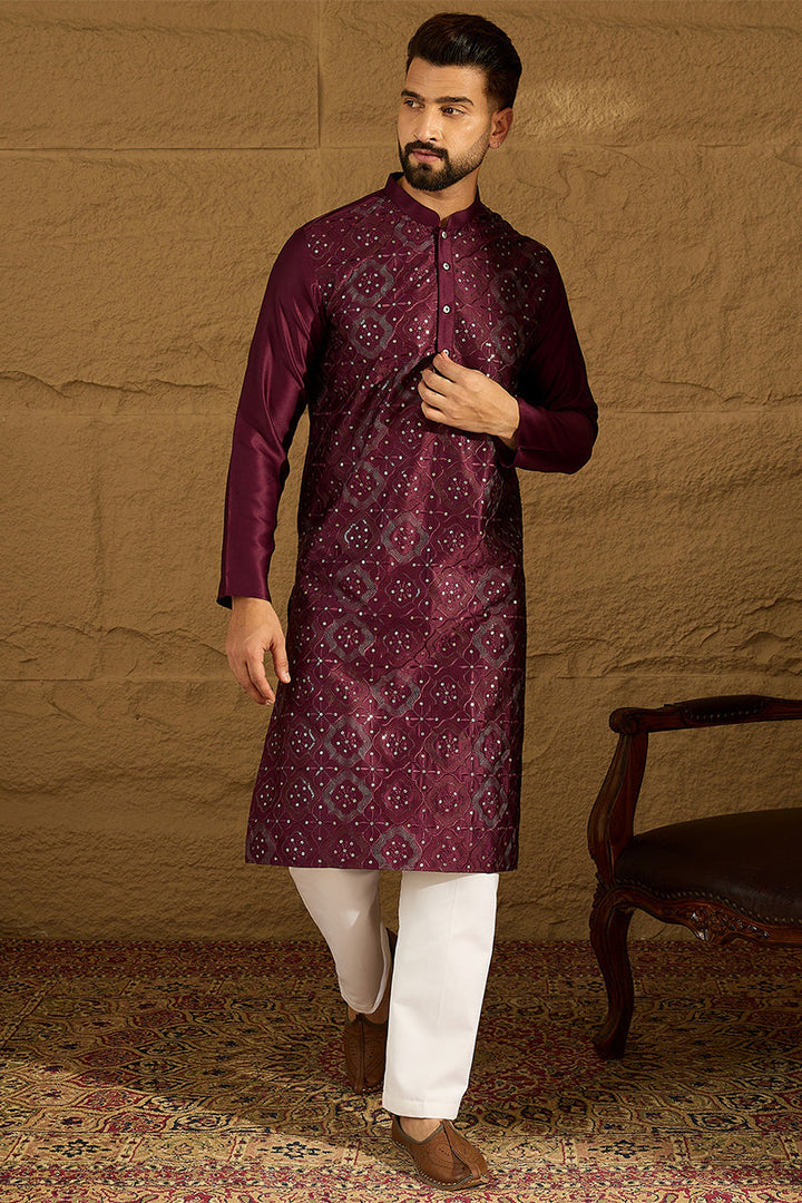 Purple Silk Blend Solid Embroidered Straight Kurta  | SHOBITAM