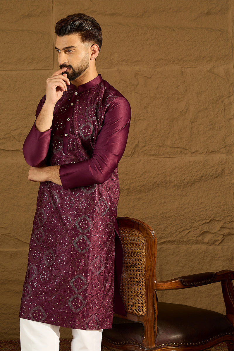 Purple Silk Blend Solid Embroidered Straight Kurta  | SHOBITAM