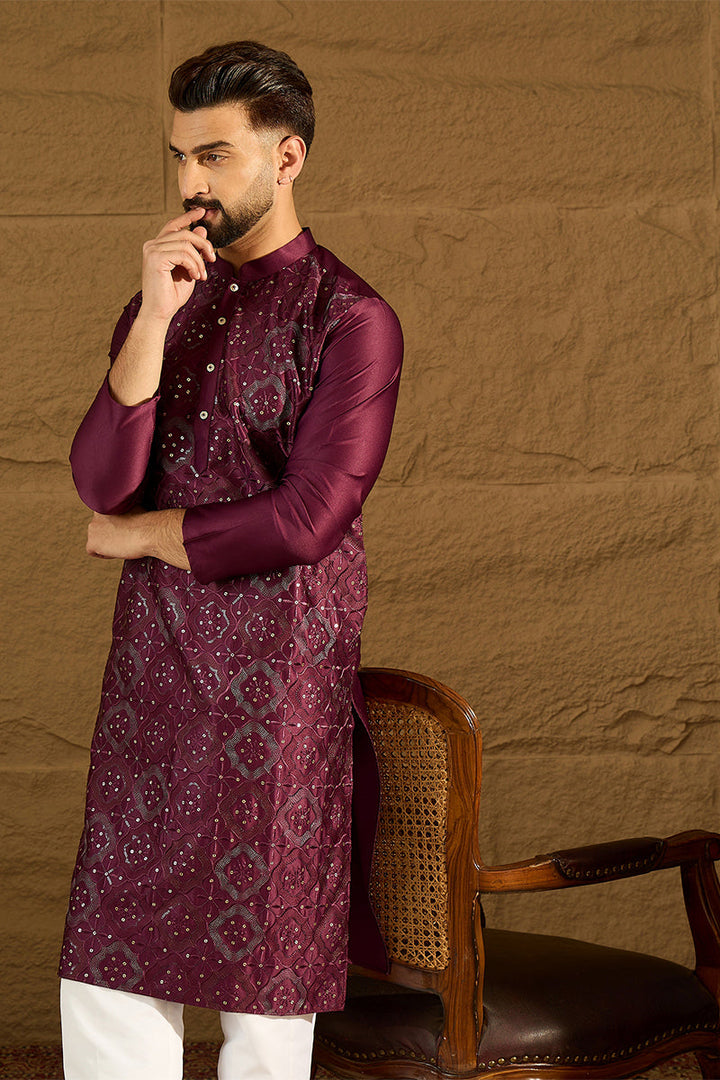 Purple Silk Blend Solid Embroidered Straight Kurta  | SHOBITAM