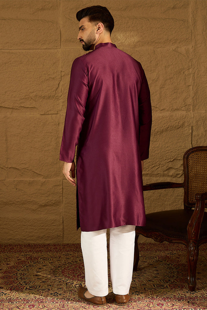 Purple Silk Blend Solid Embroidered Straight Kurta  | SHOBITAM