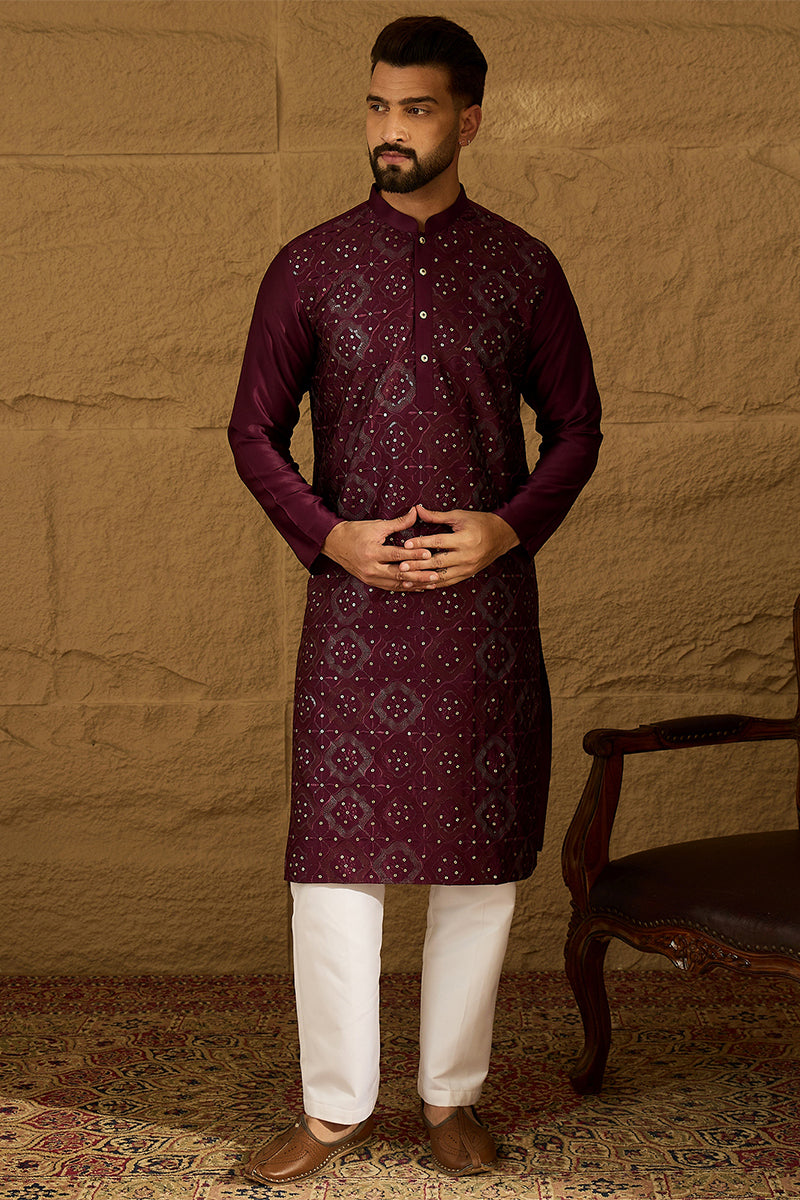 Purple Silk Blend Solid Embroidered Straight Kurta  | SHOBITAM