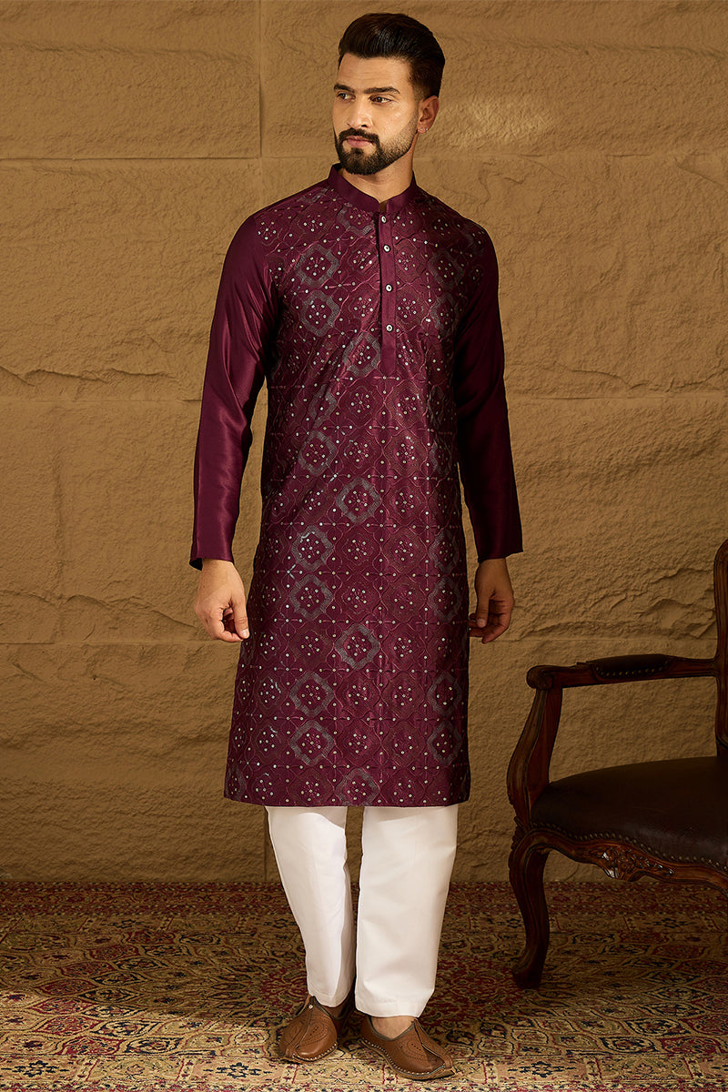 Purple Silk Blend Solid Embroidered Straight Kurta  | SHOBITAM