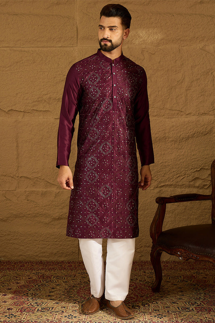 Purple Silk Blend Solid Embroidered Straight Kurta  | SHOBITAM