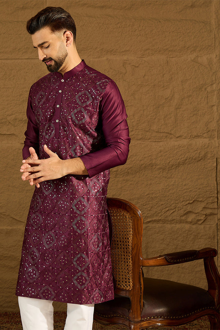 Purple Silk Blend Solid Embroidered Straight Kurta  | SHOBITAM