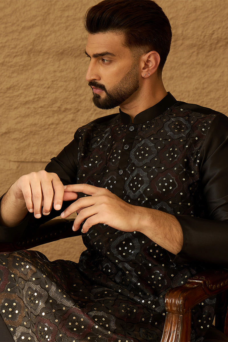 Black Silk Blend Solid Embroidered Straight Kurta  | SHOBITAM