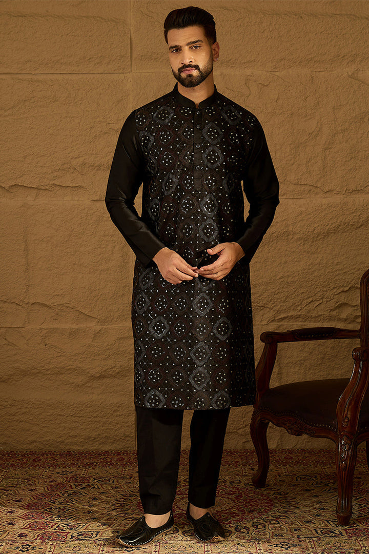 Black Silk Blend Solid Embroidered Straight Kurta  | SHOBITAM
