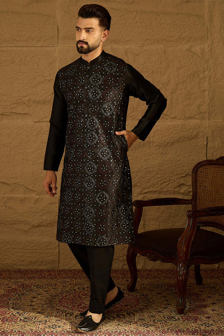 Black Silk Blend Solid Embroidered Straight Kurta with Trouser | SHOBITAM