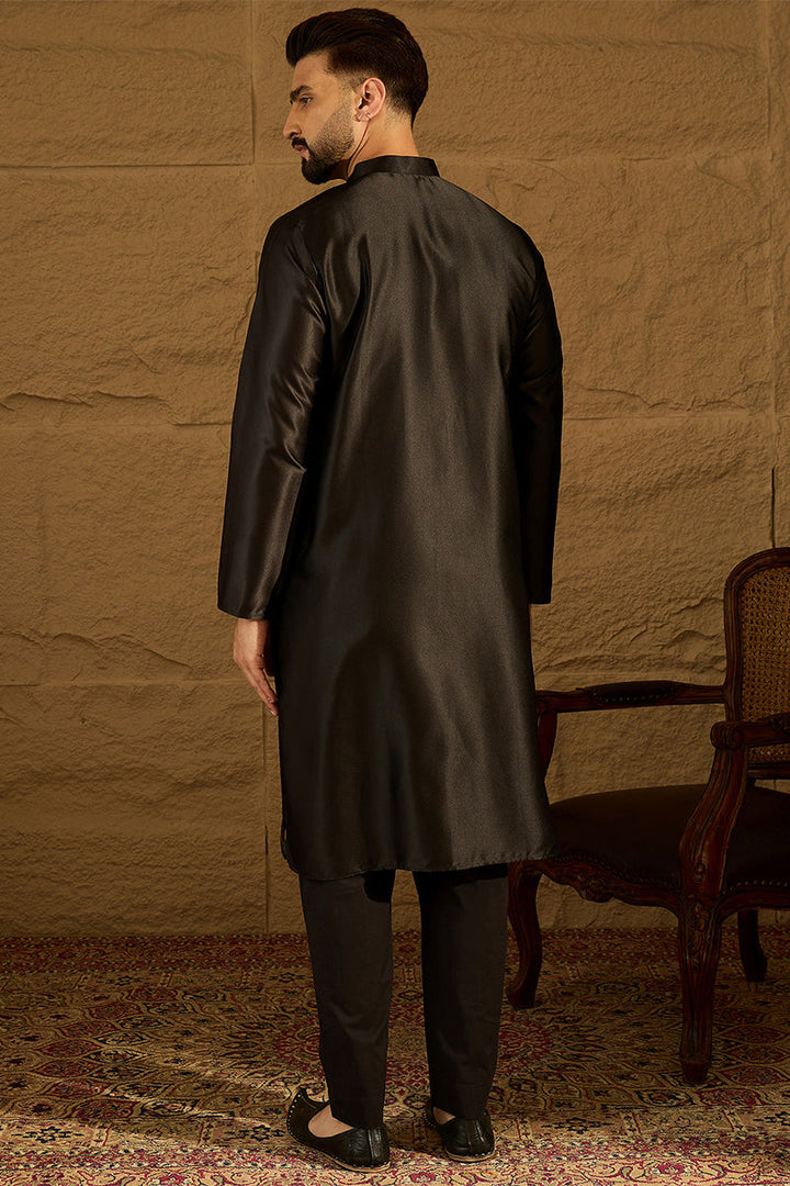 Black Silk Blend Solid Embroidered Straight Kurta  | SHOBITAM