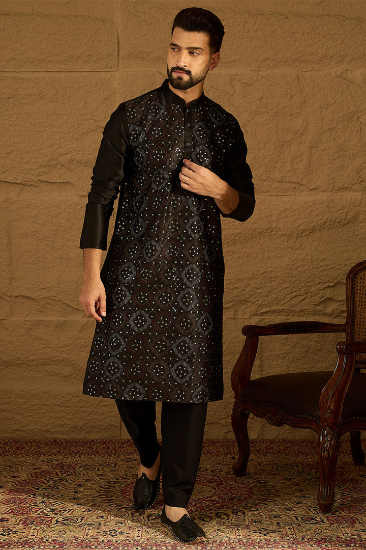 Black Silk Blend Solid Embroidered Straight Kurta  | SHOBITAM