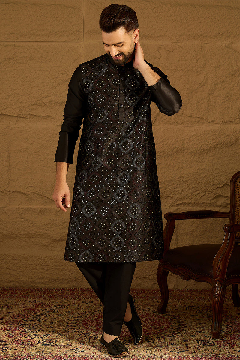 Black Silk Blend Solid Embroidered Straight Kurta  | SHOBITAM