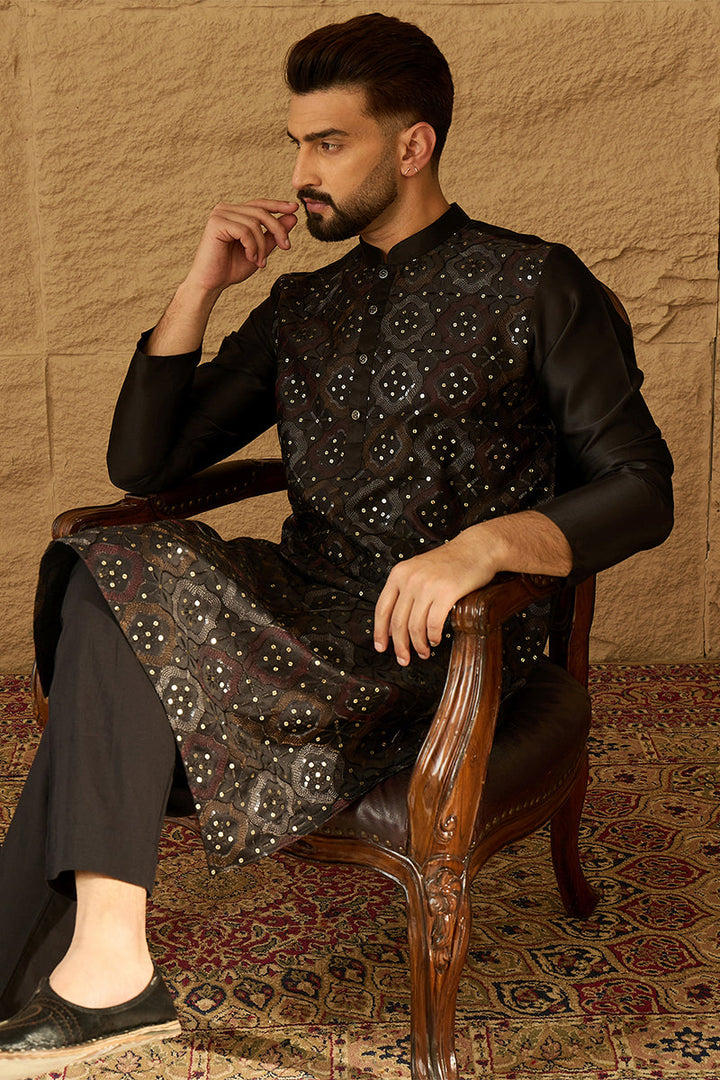 Black Silk Blend Solid Embroidered Straight Kurta with Trouser | SHOBITAM