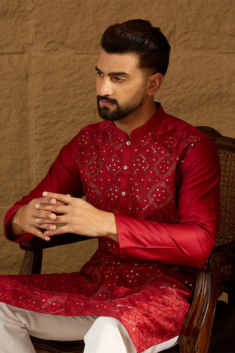 Maroon Silk Blend Solid Embroidered Straight Kurta  | SHOBITAM