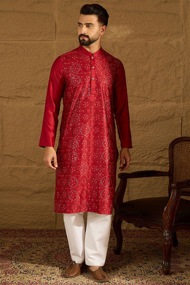 Maroon Silk Blend Solid Embroidered Straight Kurta  | SHOBITAM