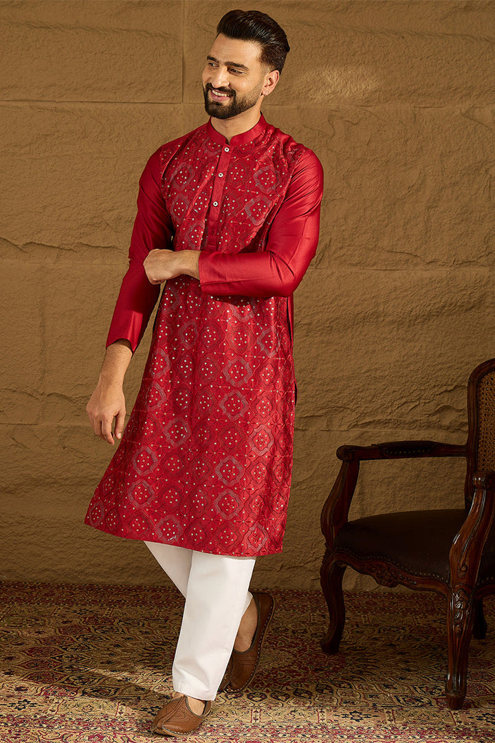 Maroon Silk Blend Solid Embroidered Straight Kurta  | SHOBITAM