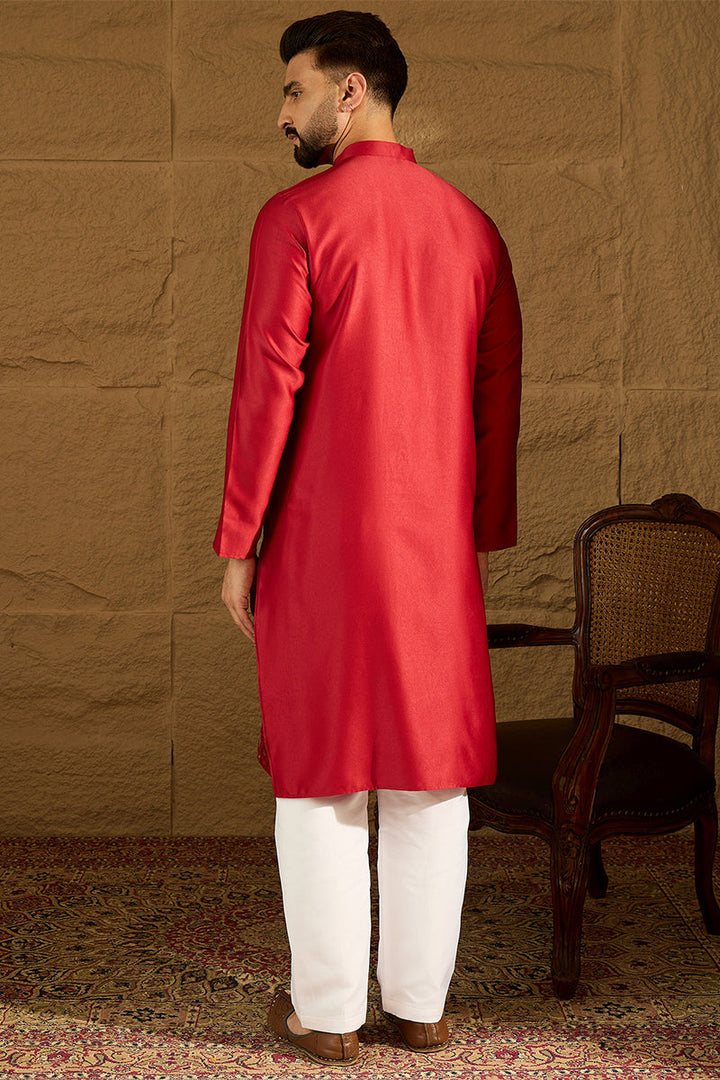 Maroon Silk Blend Solid Embroidered Straight Kurta  | SHOBITAM
