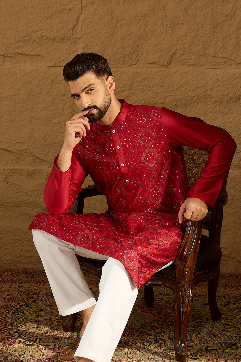 Maroon Silk Blend Solid Embroidered Straight Kurta  | SHOBITAM