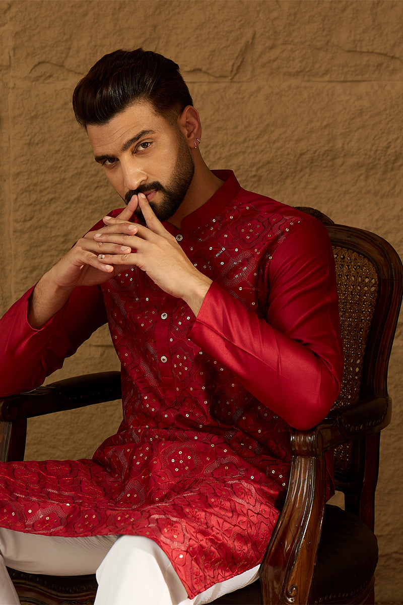 Maroon Silk Blend Solid Embroidered Straight Kurta  | SHOBITAM