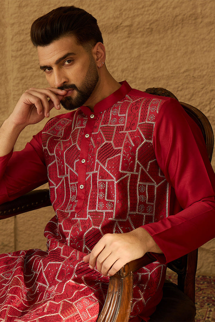 Maroon Silk Blend Solid Embroidered Straight Kurta  | SHOBITAM