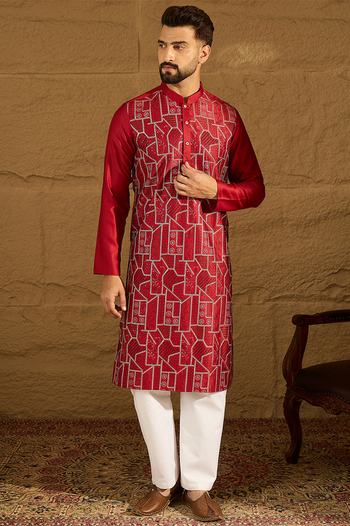 Maroon Silk Blend Solid Embroidered Straight Kurta  | SHOBITAM