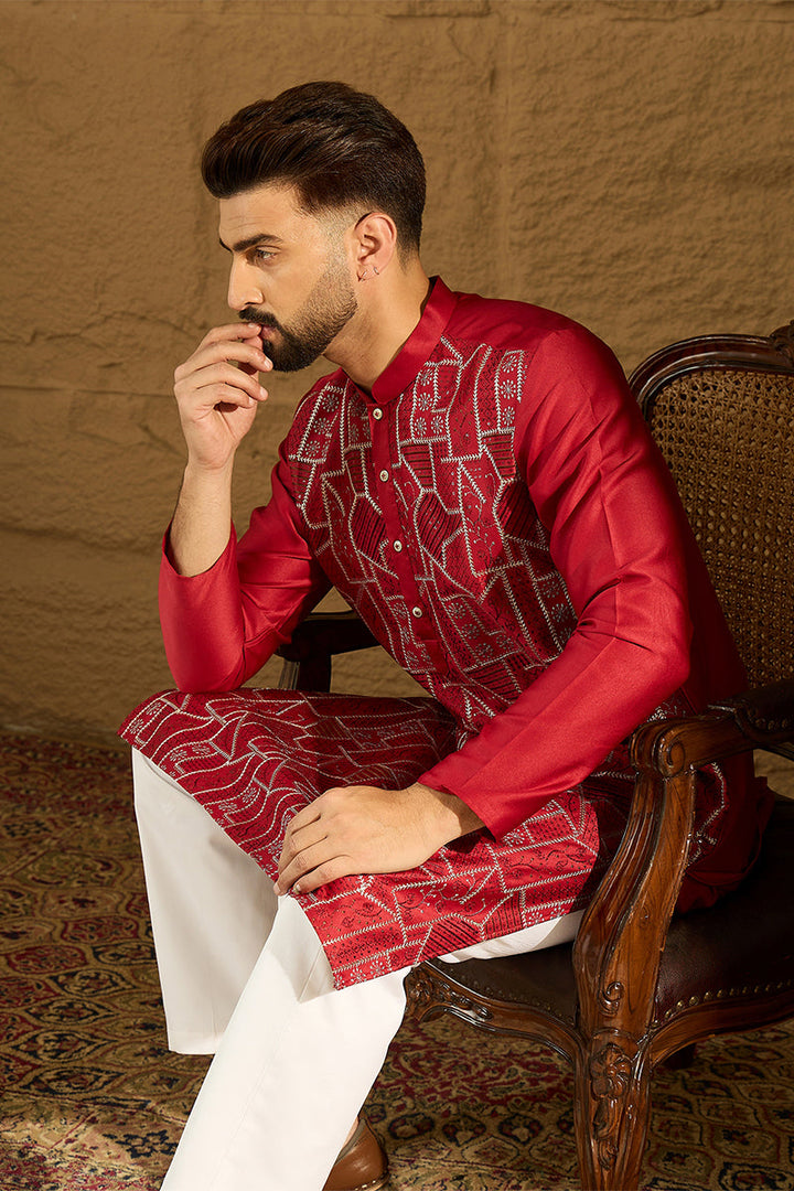 Maroon Silk Blend Solid Embroidered Straight Kurta  | SHOBITAM