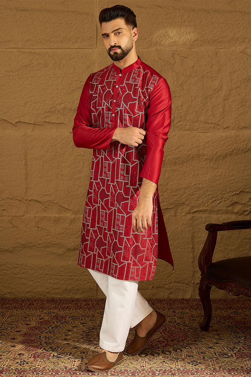 Maroon Silk Blend Solid Embroidered Straight Kurta  | SHOBITAM