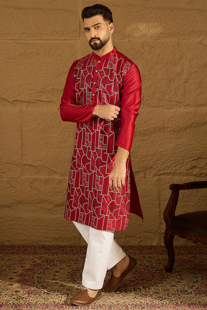 Maroon Silk Blend Solid Embroidered Straight Kurta  | SHOBITAM