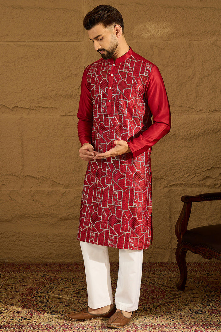Maroon Silk Blend Solid Embroidered Straight Kurta  | SHOBITAM