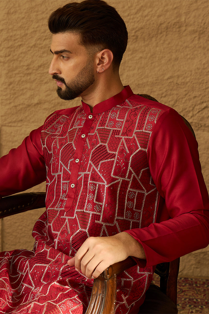 Maroon Silk Blend Solid Embroidered Straight Kurta  | SHOBITAM
