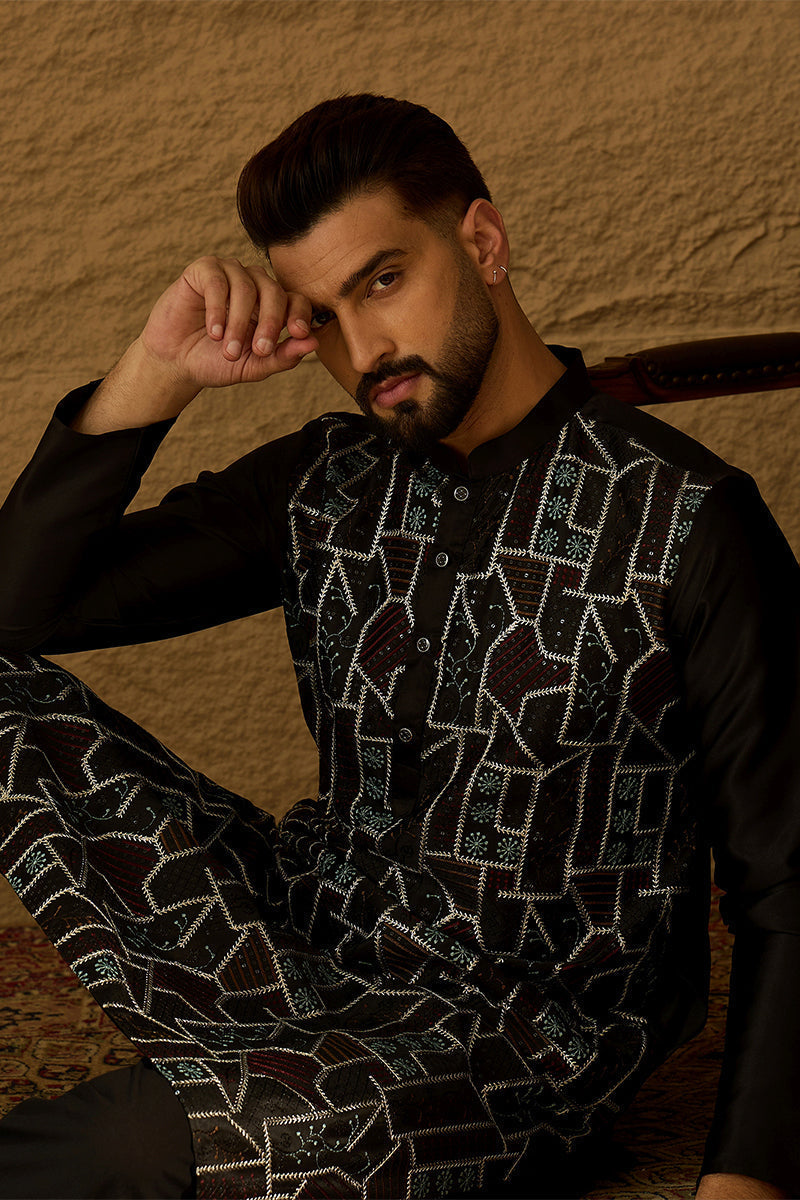 Black Silk Blend Solid Embroidered Straight Kurta  | SHOBITAM
