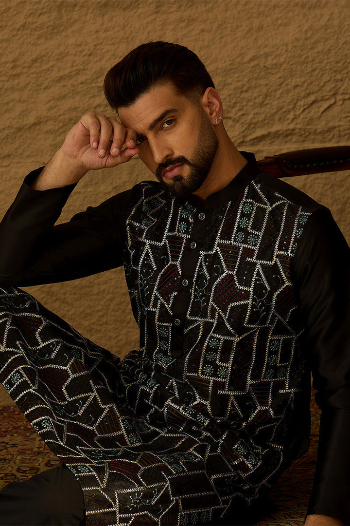 Black Silk Blend Solid Embroidered Straight Kurta  | SHOBITAM