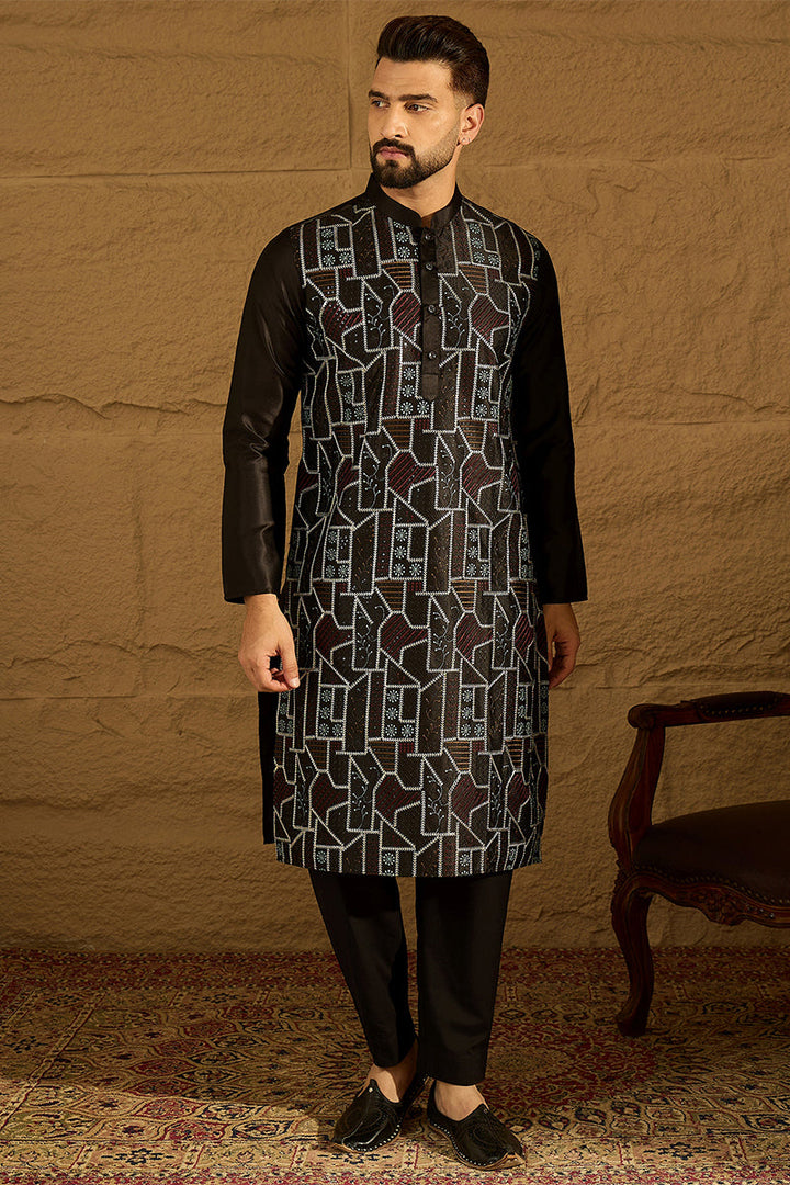 Black Silk Blend Solid Embroidered Straight Kurta  | SHOBITAM