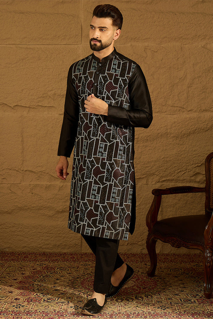 Black Silk Blend Solid Embroidered Straight Kurta  | SHOBITAM
