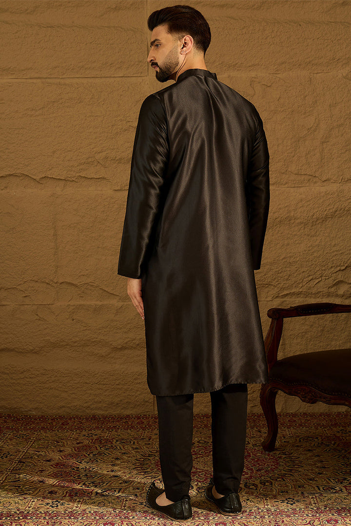 Black Silk Blend Solid Embroidered Straight Kurta  | SHOBITAM