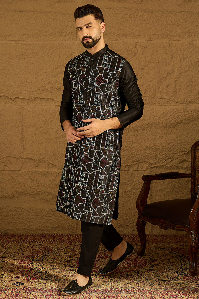 Black Silk Blend Solid Embroidered Straight Kurta  | SHOBITAM