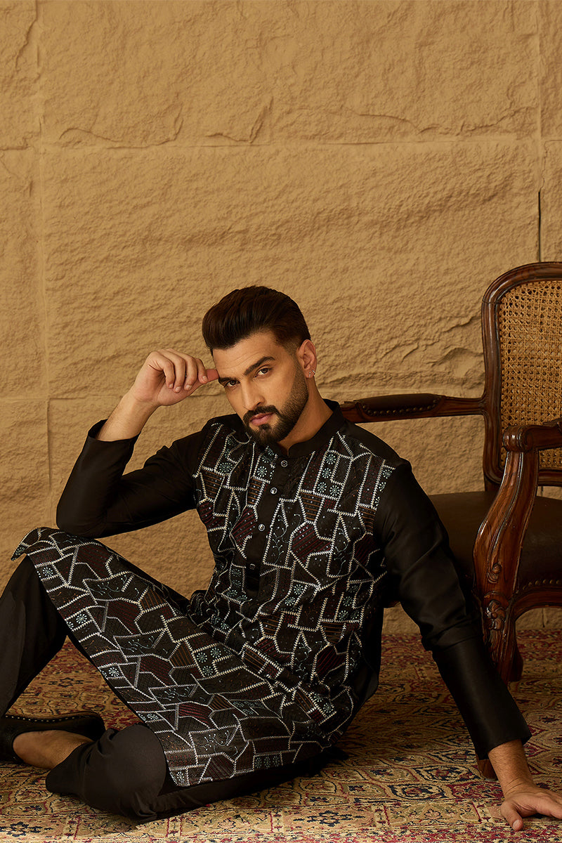 Black Silk Blend Solid Embroidered Straight Kurta  | SHOBITAM