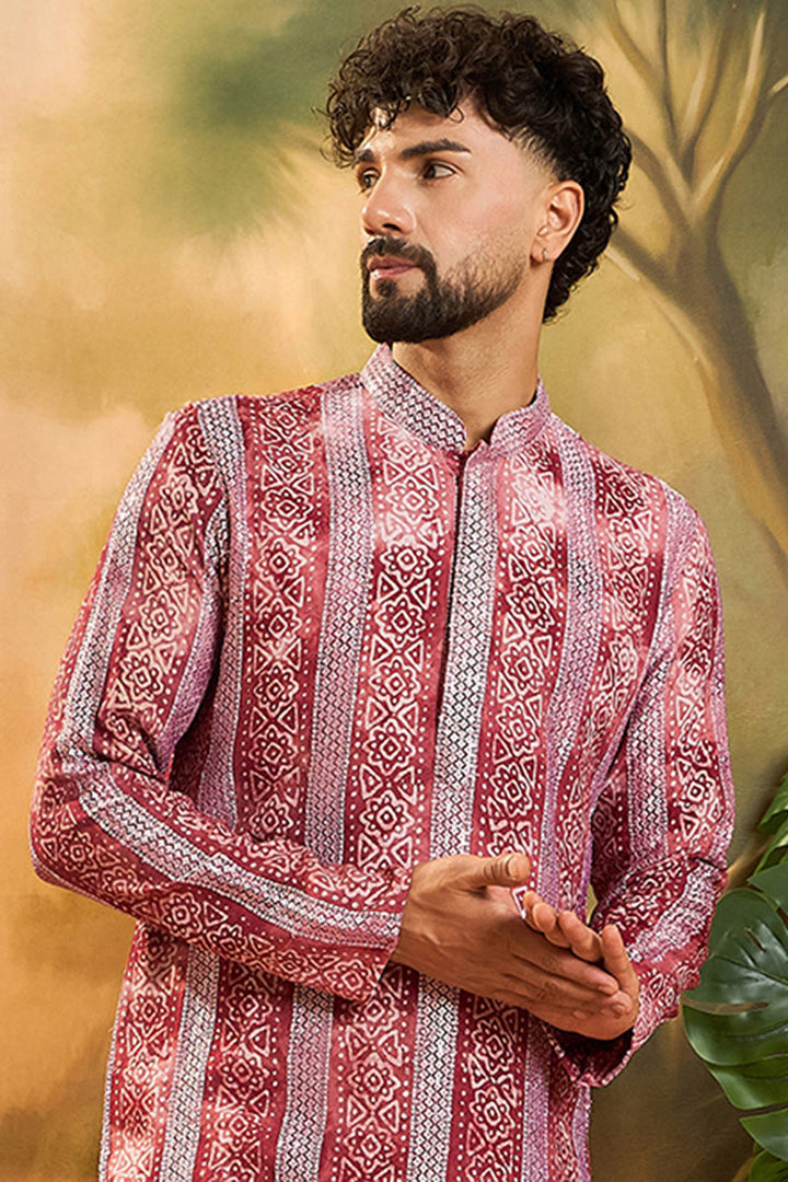 Red Viscose Rayon Batik Printed Straight Kurta | SHOBITAM