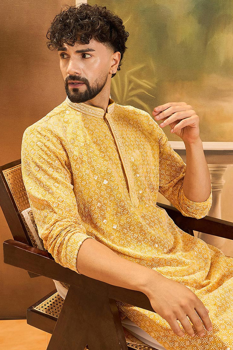 Yellow Viscose Rayon Shibori Embroidered Straight Kurta  | SHOBITAM