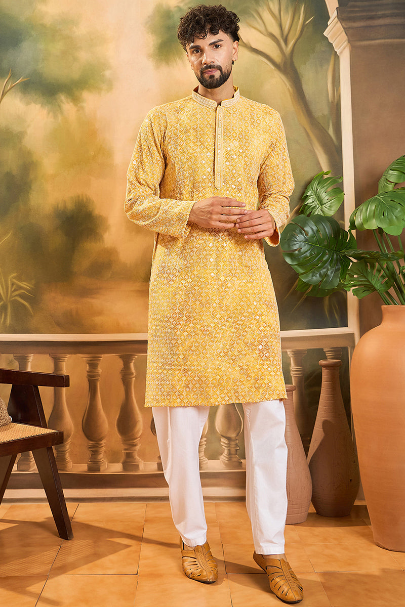 Yellow Viscose Rayon Shibori Embroidered Straight Kurta  | SHOBITAM