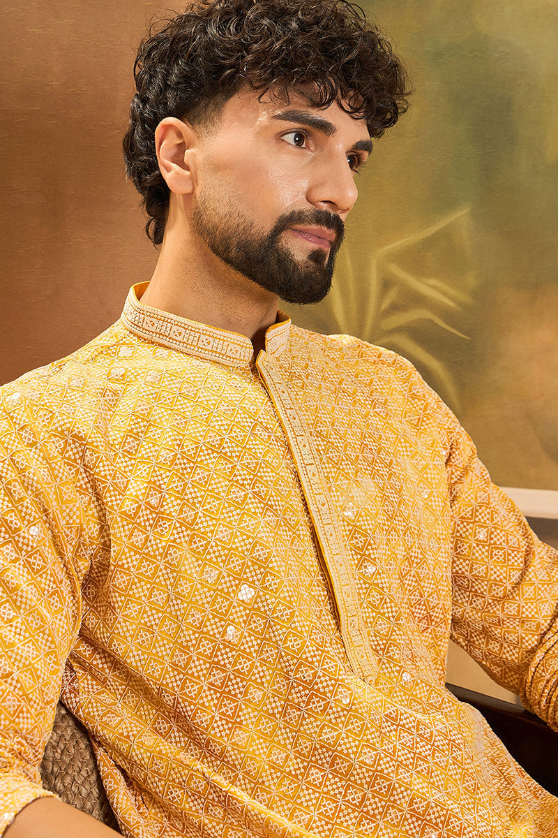Yellow Viscose Rayon Shibori Embroidered Straight Kurta  | SHOBITAM