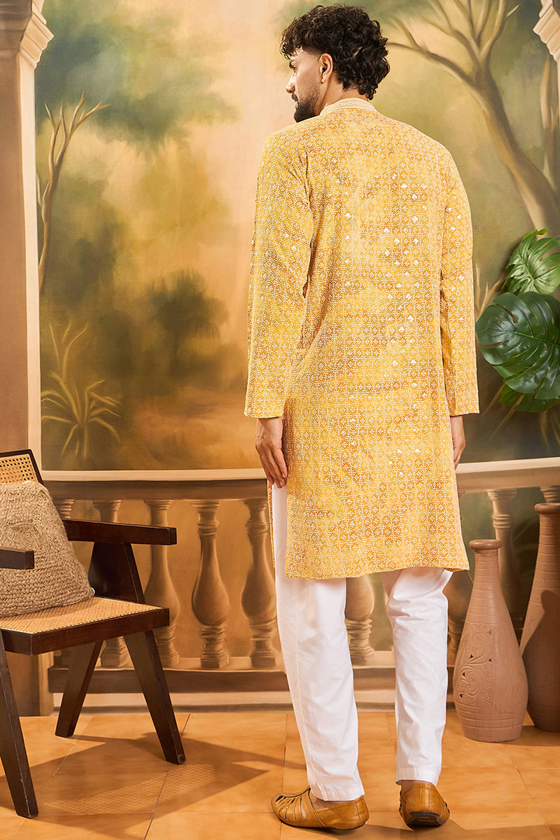 Yellow Viscose Rayon Shibori Embroidered Straight Kurta  | SHOBITAM