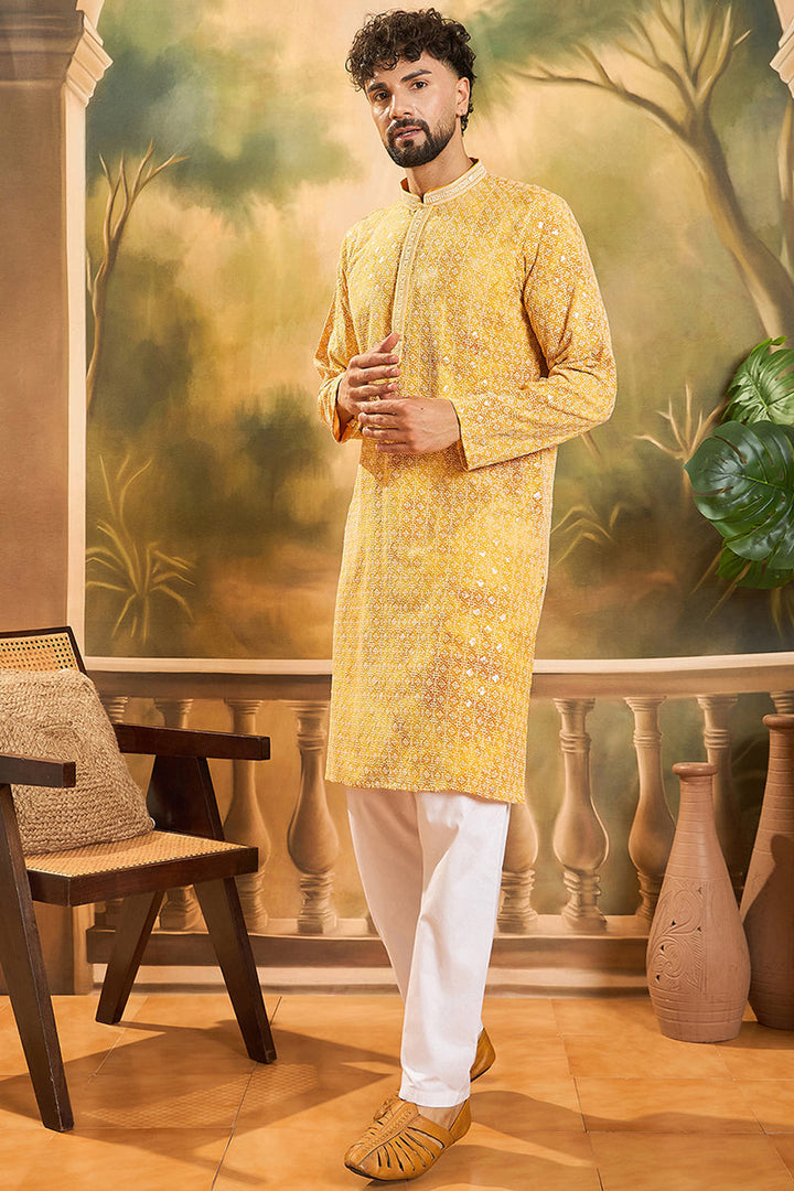 Yellow Viscose Rayon Shibori Embroidered Straight Kurta  | SHOBITAM