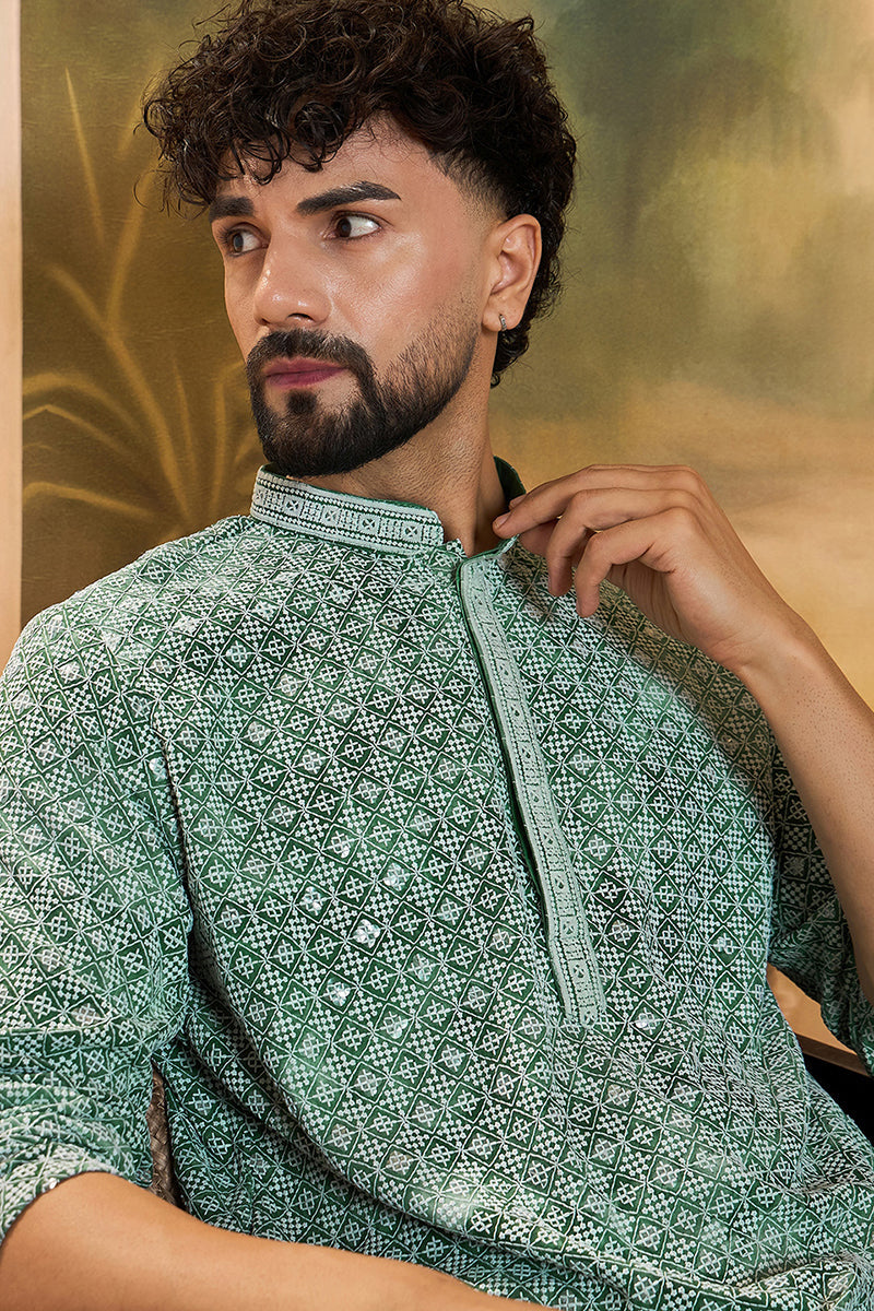 Green Viscose Rayon Shibori Embroidered Straight Kurta  | SHOBITAM